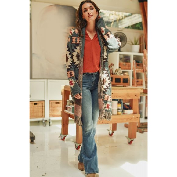 Sage Aztec Print Fringe Cardigan - Picture 3 of 6